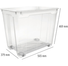 Transparente Aufbewahrungsbox aus Kunststoff mit Rollen und den Maßen 565 x 379 x 469 Millimeter.