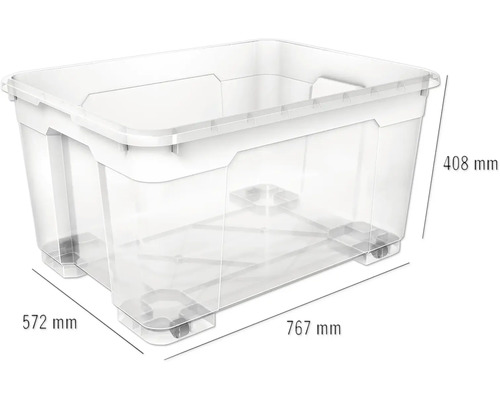 Aufbewahrungsbox aus Kunststoff mit Rollen und Größenangaben