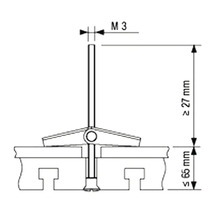 Technische Zeichnung eines Befestigungselements mit den Maßen M3 und einer Höhe von 27 Millimeter