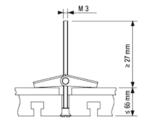 Technische Zeichnung eines Befestigungselements mit den Maßen M3 und einer Höhe von 27 Millimeter