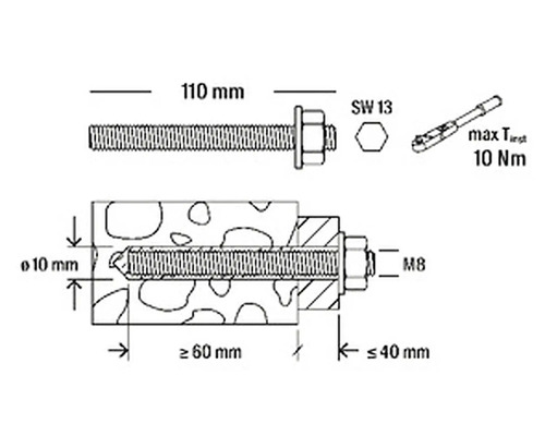 Zeichnung eines Bolzenankers mit Abmessungen