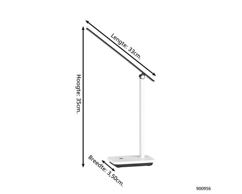 Tischleuchte mit den Maßen 33 cm Länge, 35 cm Höhe und 3,5 cm Breite.