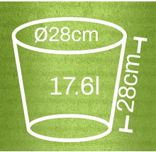 Image des dimensions d'un pot de fleurs: diamètre 28 cm, hauteur 28 cm, volume 17,6 l