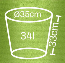 Abbildung eines Pflanzgefäßes mit den Maßen Durchmesser 35 cm, Höhe 33 cm und Volumen 34 Liter