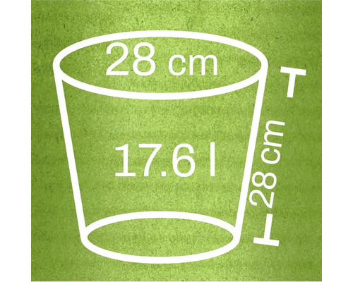 Illustration d'un pot de fleurs avec des dimensions de 28 cm de hauteur, 28 cm de diamètre et 17,61 litres de volume
