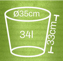 Schéma d'un pot de fleurs avec les dimensions suivantes : diamètre 35 centimètres, hauteur 33 centimètres et volume 34 litres.
