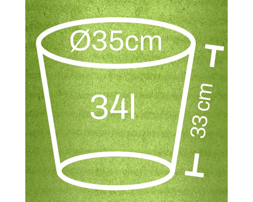 Illustration eines Pflanzgefäßes mit den Maßen Durchmesser 35 cm, Höhe 33 cm und 34 Liter Volumen