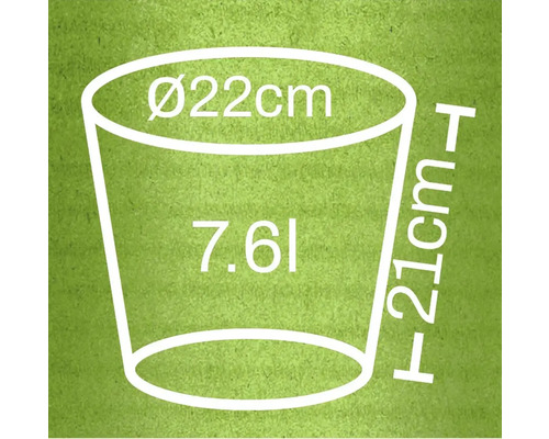 Illustration eines Pflanzgefäßes mit den Maßen Durchmesser 22 cm, Höhe 21 cm und einem Volumen von 7,6 Litern