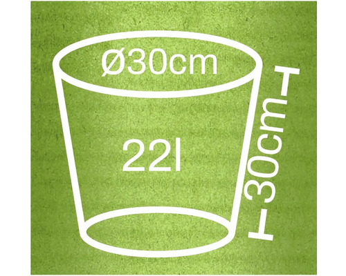 Schéma d'un pot de fleurs avec des dimensions de 30 centimètres de diamètre, 30 centimètres de hauteur et un volume de 22 litres