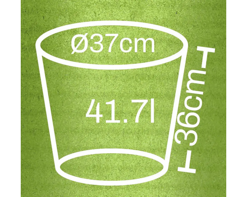 Illustration d'un pot de fleurs avec des dimensions de 37 centimètres de diamètre, 36 centimètres de hauteur et 41,71 litres de volume