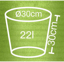 Diagramm eines Pflanzgefäßes mit den Maßen 30 cm Durchmesser und 30 cm Höhe, Fassungsvermögen 22 Liter