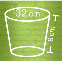 Illustration d'un pot de fleurs avec dimensions : 32 cm de diamètre en haut, 8 cm de hauteur