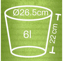 Schéma technique d'un pot de fleurs avec des dimensions de 26,5 cm de diamètre et 22 cm de hauteur, ainsi qu'un volume de 6 litres