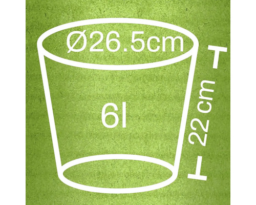 Schéma technique d'un pot de fleurs avec des dimensions de 26,5 cm de diamètre et 22 cm de hauteur, ainsi qu'un volume de 6 litres