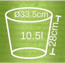 Illustration d'un pot de fleurs avec des dimensions de 33,5 cm de diamètre, 28 cm de hauteur et un volume de 10,5 litres