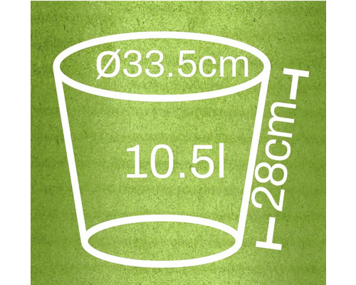 Illustration d'un pot de fleurs avec des dimensions de 33,5 cm de diamètre, 28 cm de hauteur et un volume de 10,5 litres