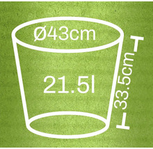 Illustration d'un bac à plantes avec les dimensions suivantes : diamètre de 43 centimètres, hauteur de 33,5 centimètres et un volume de 21,5 litres.