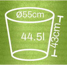 Schéma d'un pot de fleurs avec dimensions : diamètre 55 centimètres, hauteur 43 centimètres, volume 44,51 litres