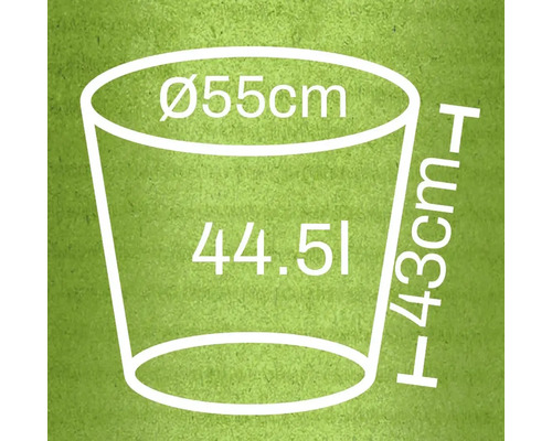 Schéma d'un pot de fleurs avec dimensions : diamètre 55 centimètres, hauteur 43 centimètres, volume 44,51 litres