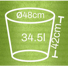 Illustration d'un pot de fleurs avec les dimensions diamètre 48 cm, hauteur 42 cm et un volume de 34,5 litres