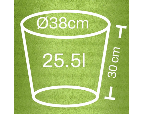 Skizze eines Pflanzgefäßes mit den Maßen 38 cm Durchmesser, 30 cm Höhe und 25,51 Liter Volumen