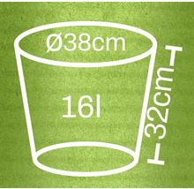 Image d'un pot de fleurs avec les dimensions suivantes : diamètre 38 centimètres, hauteur 32 centimètres et volume 16 litres