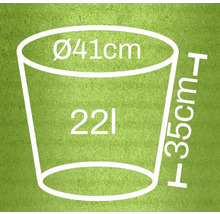 Technische Zeichnung eines Pflanzgefäßes mit den Maßen Durchmesser 41 cm, Höhe 35 cm und 22 Liter Volumen