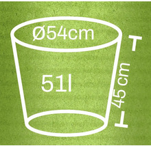 Dessin technique d'un bac à plantes avec les dimensions diamètre 54 centimètres, hauteur 45 centimètres et volume 51 litres