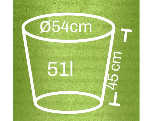 Dessin technique d'un bac à plantes avec les dimensions diamètre 54 centimètres, hauteur 45 centimètres et volume 51 litres