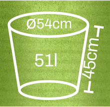 Schéma d'un pot de fleurs avec des dimensions de 54 centimètres de diamètre, 45 centimètres de hauteur et 51 litres de capacité