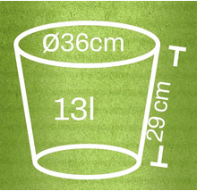 Schéma d'un pot de fleurs avec les dimensions suivantes : diamètre 36 cm, hauteur 29 cm, volume 13 litres
