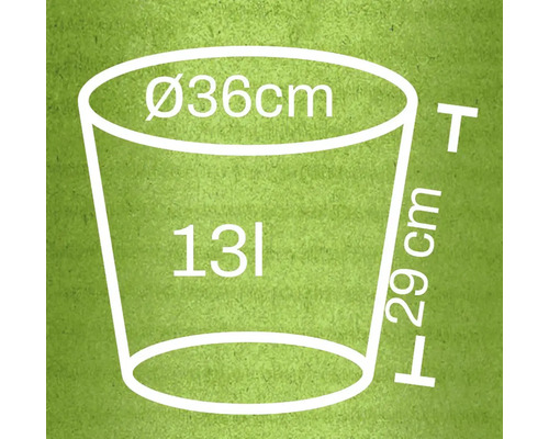 Schéma d'un pot de fleurs avec les dimensions suivantes : diamètre 36 cm, hauteur 29 cm, volume 13 litres