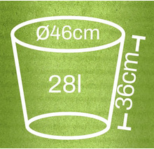 Illustration d'un pot de fleurs avec des dimensions de 46 centimètres de diamètre et 36 centimètres de hauteur, et un volume de 28 litres