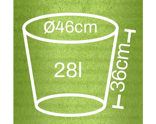 Illustration d'un pot de fleurs avec des dimensions de 46 centimètres de diamètre et 36 centimètres de hauteur, et un volume de 28 litres
