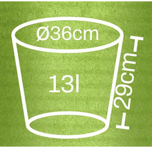 Dimensions d'un pot de fleurs : diamètre 36 centimètres, hauteur 29 centimètres, volume 13 litres