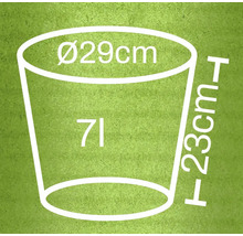 Abmessungen eines Pflanzgefäßes: Durchmesser 29 Zentimeter, Höhe 23 Zentimeter, Volumen 7 Liter