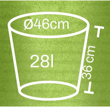 Schéma d'un pot de fleurs avec les dimensions diamètre 46 cm, hauteur 36 cm et volume 28 litres