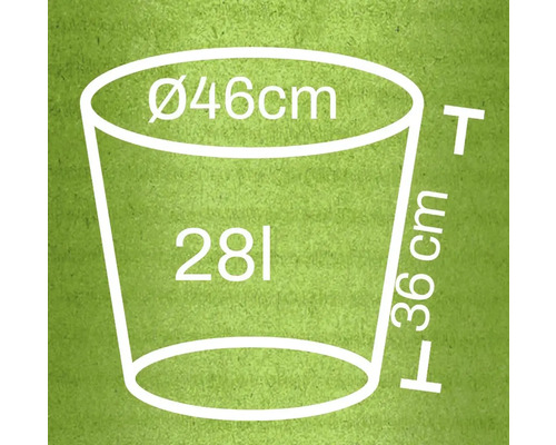 Schéma d'un pot de fleurs avec les dimensions diamètre 46 cm, hauteur 36 cm et volume 28 litres