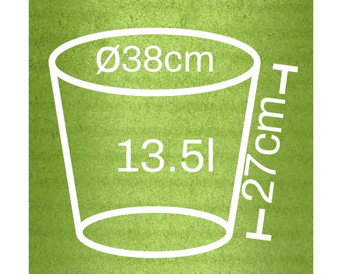 Abbildung der Abmessungen eines Pflanzgefäßes: 38 Zentimeter Durchmesser, 27 Zentimeter Höhe und 13,5 Liter Fassungsvermögen