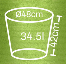 Illustration eines Blumentopfes mit den Maßen Durchmesser 48 cm, Höhe 42 cm und Volumen 34,5 Liter