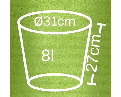 Skizze eines Pflanzgefäßes mit den Maßen Durchmesser 31 Zentimeter, Höhe 27 Zentimeter und 8 Liter Volumen