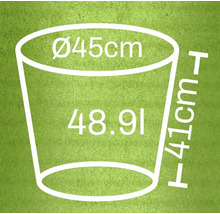 Schéma d'un pot de fleurs avec dimensions : diamètre 45 cm, hauteur 41 cm, volume 48,91 litres
