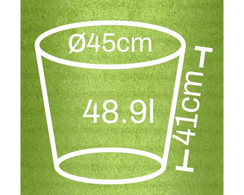 Schéma d'un pot de fleurs avec dimensions : diamètre 45 cm, hauteur 41 cm, volume 48,91 litres