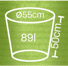 Diagramme d'un bac à plantes mesurant 55 centimètres de diamètre, 50 centimètres de haut et 89 litres de volume