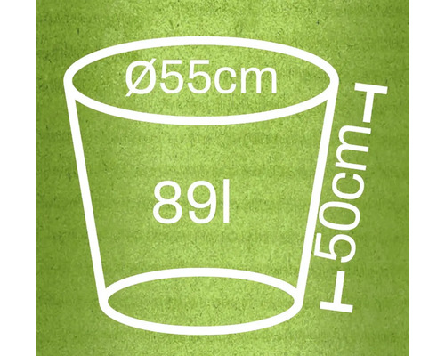 Diagramme d'un bac à plantes mesurant 55 centimètres de diamètre, 50 centimètres de haut et 89 litres de volume