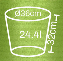 Pot de fleurs avec des dimensions diamètre 36 cm, hauteur 32 cm et volume 24,4 litres.