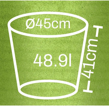 Illustration d'un pot de fleurs avec les dimensions diamètre 45 cm, hauteur 41 cm et un volume de 48,91 litres