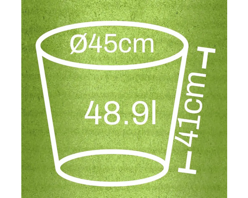 Illustration d'un pot de fleurs avec les dimensions diamètre 45 cm, hauteur 41 cm et un volume de 48,91 litres