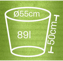 Illustration d'un bac à plantes avec les dimensions de 55 cm de diamètre, 50 cm de hauteur et 89 litres de volume