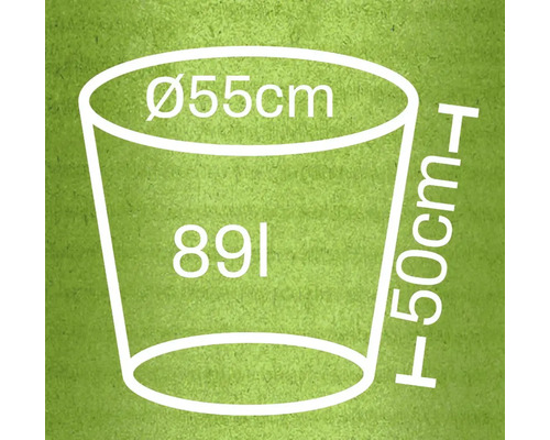Illustration d'un bac à plantes avec les dimensions de 55 cm de diamètre, 50 cm de hauteur et 89 litres de volume